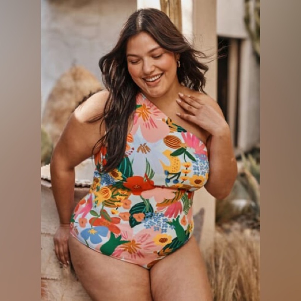 summersalt Floral One-Shoulder One-Piece Swimsuit in Pink, Green, Yellow
